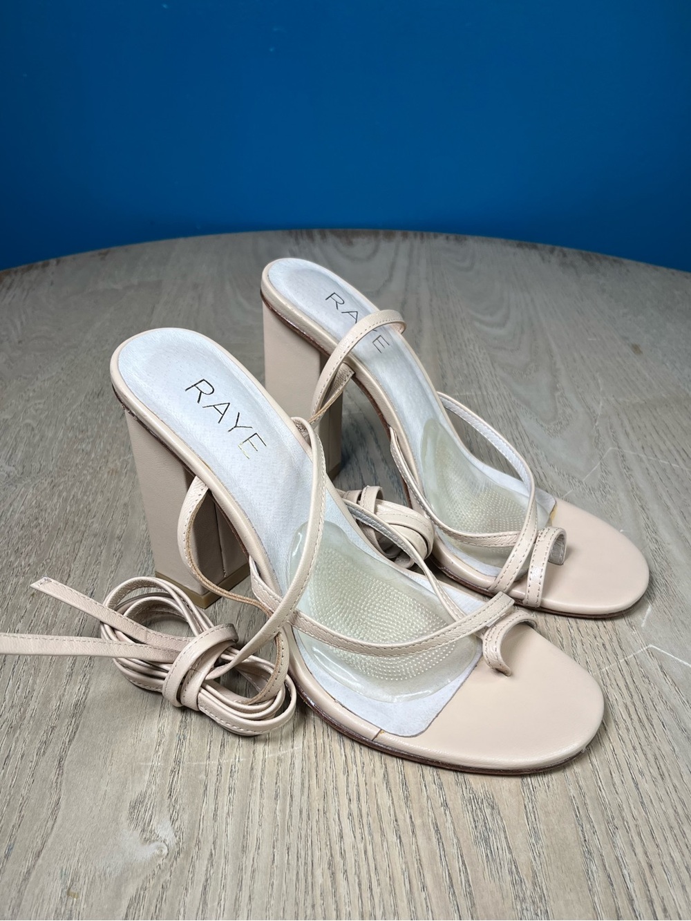 RAYE Blush Nude Ankle Wrap Block Heel Sandals